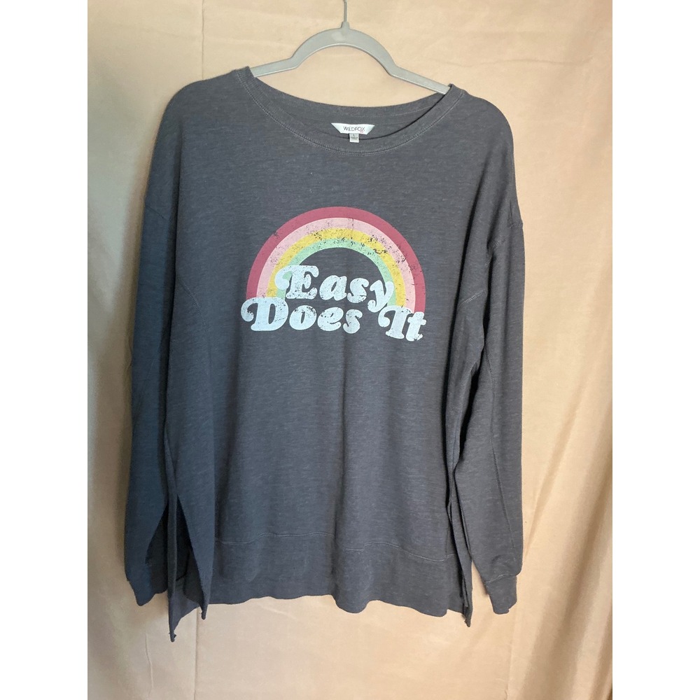 Wildfox Easy Does It Rainbow Sweatshirt Women Large Gray Good Side Slits Top